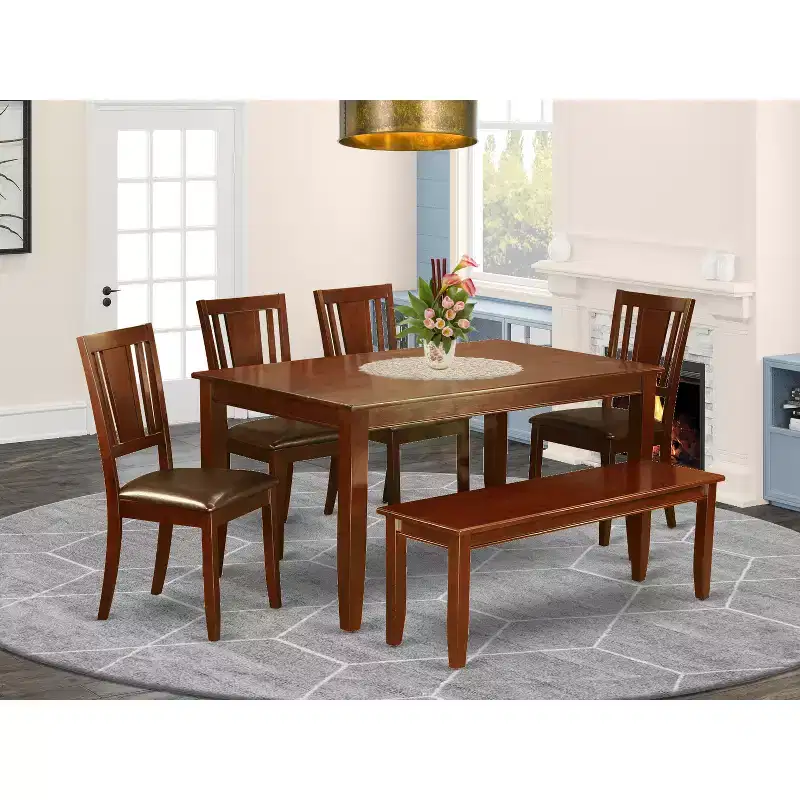 Asian Fusion Kitchen Table Set - Dining Table with 4 Chairs & Bench - Modern Dining Room Furniture