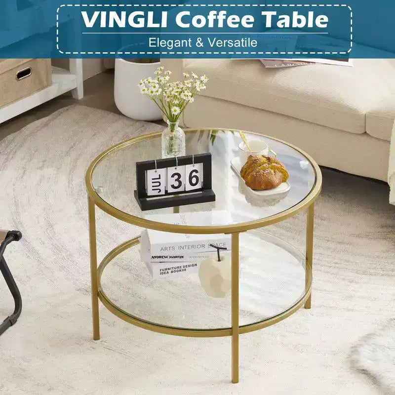 25.6in Round Glass Coffee Table with 2-Tier Storage, Gold Metal Frame