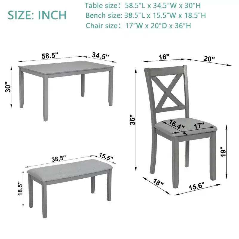 Homy Casa 6-Piece Wooden Dining Table Set with 4 Upholstered Chairs and Bench, Kitchen & Dining Room Furniture, Grey