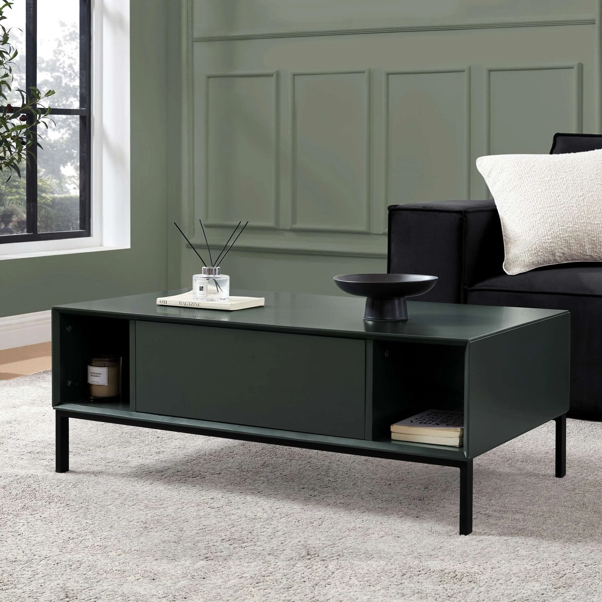 Contemporary Forest Green Coffee Table with Open Shelf Storage for Living Room