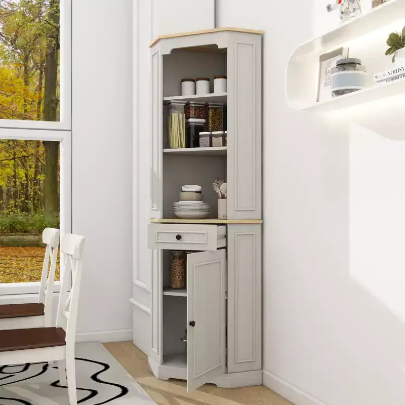 AndMakers Antique White Wood 17.71 in. Pantry Cabinet with 5 Shelves