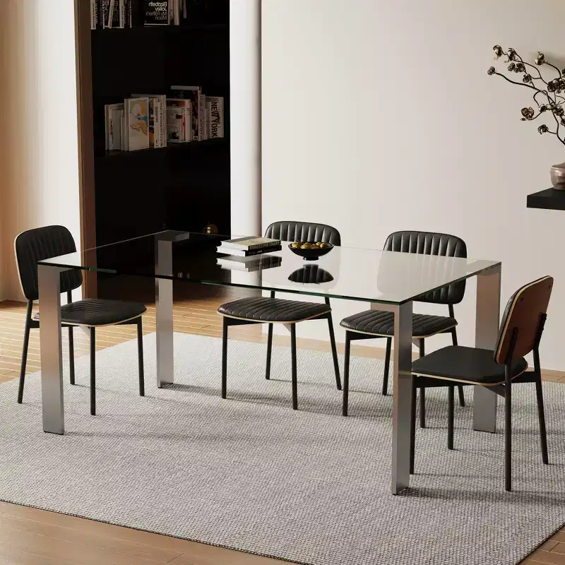 Modern Tempered Glass Dining Table with Stainless Steel Legs, Rectangular 6-8 Seater Table for Dining Room, living room