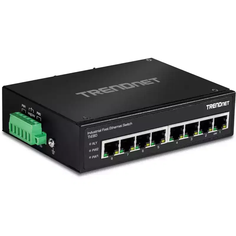 TRENDnet 8-Port Industrial Fast Ethernet DIN-Rail Switch; TI-E80 Model; Rugged Metal Design; Network Switch