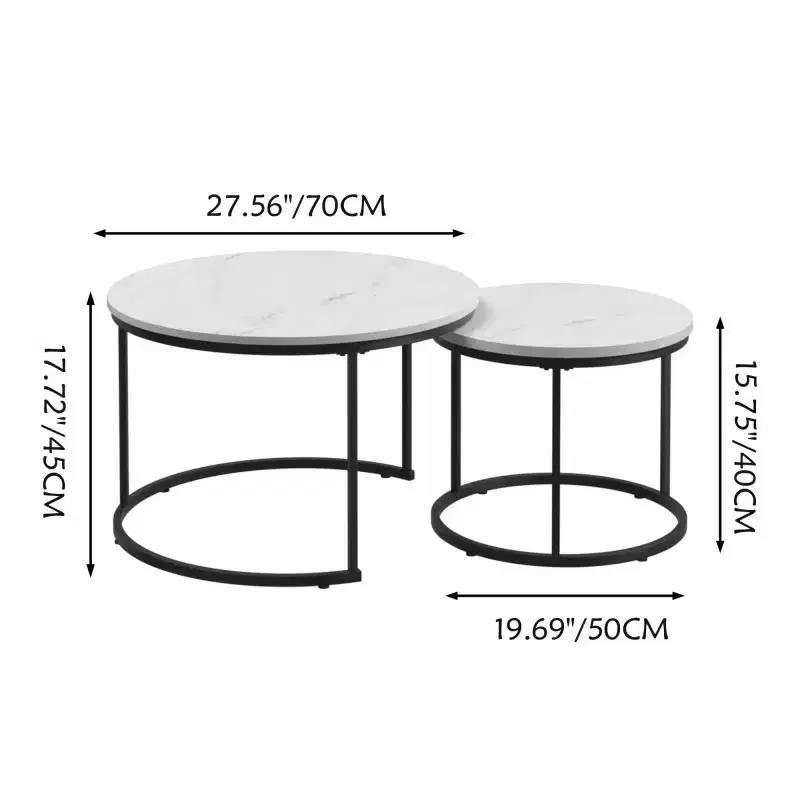 Nesting Coffee Table Set of 2, 27.6inch Round Coffee Table Wood Marble Pattern Top with Sturdy Metal Frame, End Table Side Tables