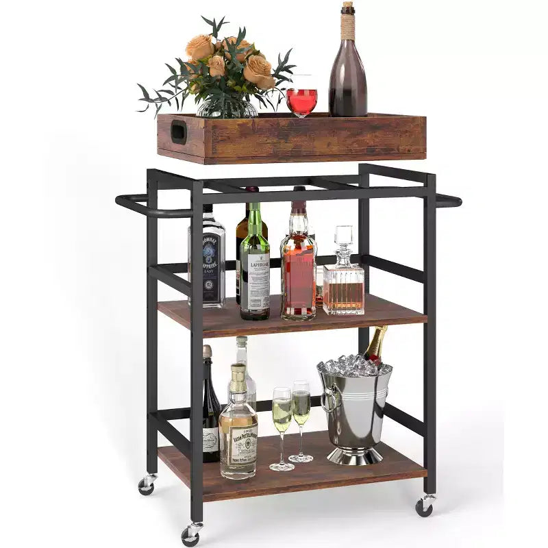 3-Tier Rolling Bar Cart with Wheels Removable Tray Metal Kitchen Serving Cart 154 lb Capacity Lockable Casters Powder-Coated Steel Frame