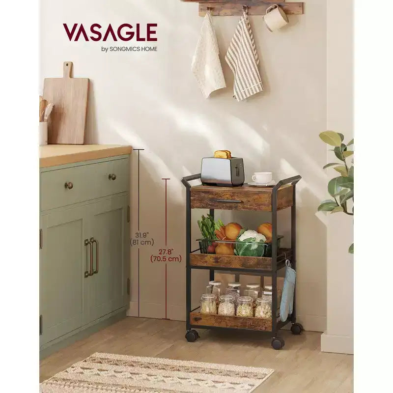 VASAGLE Storage Cart, 3-Tier Rolling Utility Cart with Table Top, Handles, 4 Lockable Casters, Top Drawer, Mesh Shelves, Rustic Brown and Ink Black