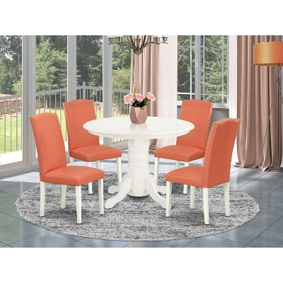 HomeStock 5-Piece Round Linen White Finish Solid Wood Top Dining Table with 4-Parson Chair
