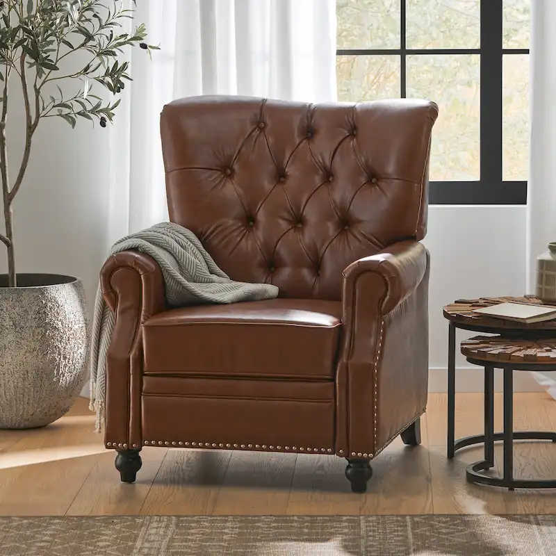 Push Back Recliner, Footrest, Button Back, Nailhead Trim