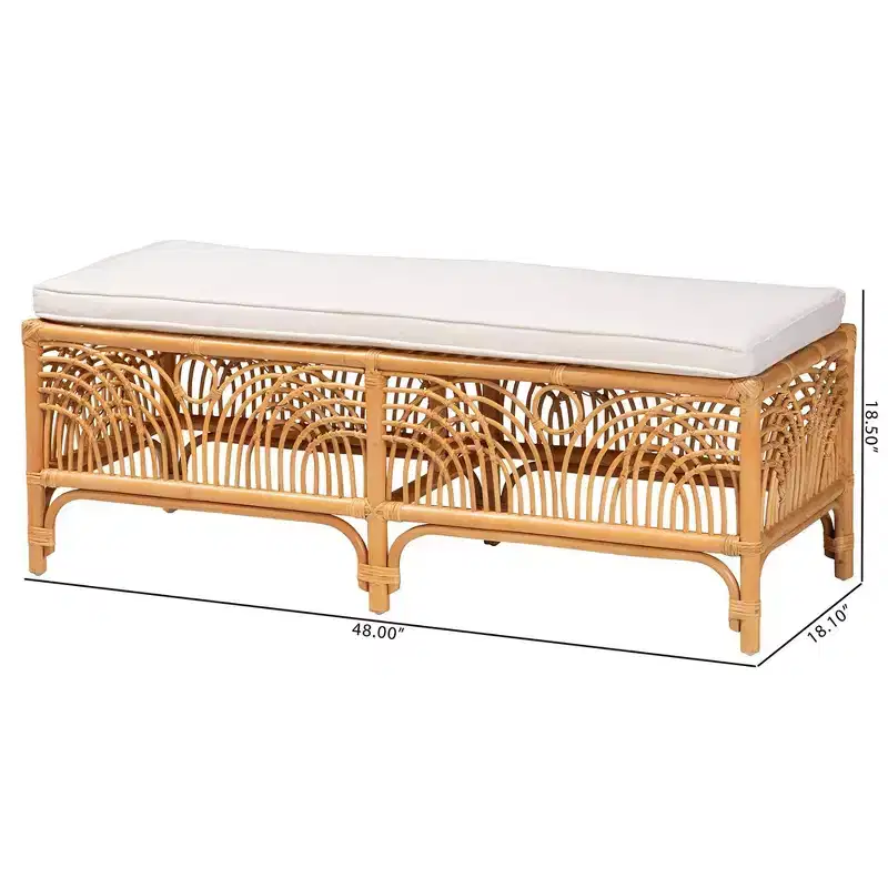 bali & pari Materra Rattan Bench White/Light Honey: Upholstered Polyester, No Assembly, Spot Clean
