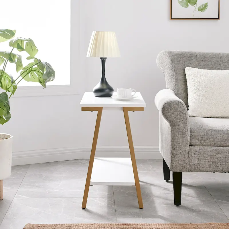 Narrow Wood Side Table with Metal Frame and Lower Shelf