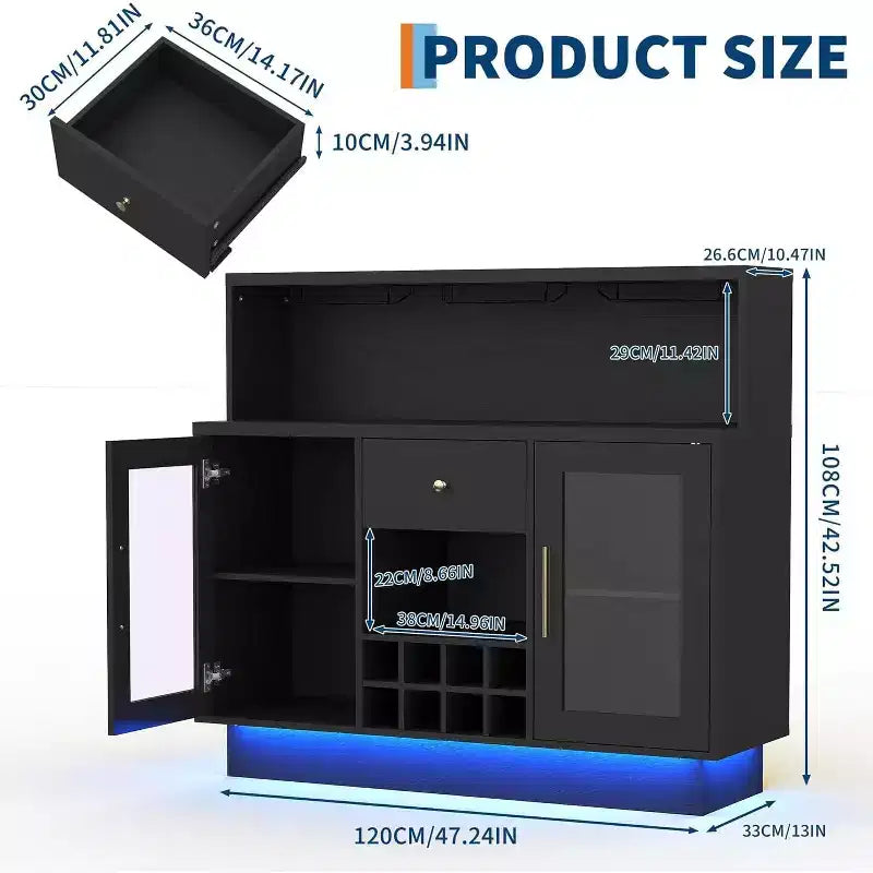 Modern Bar & Coffee Station with LED Lights, Lockable Glass Door & Spacious Countertop for Kitchen Living Game Room, Holds 8 Bottles & 15 Glasses