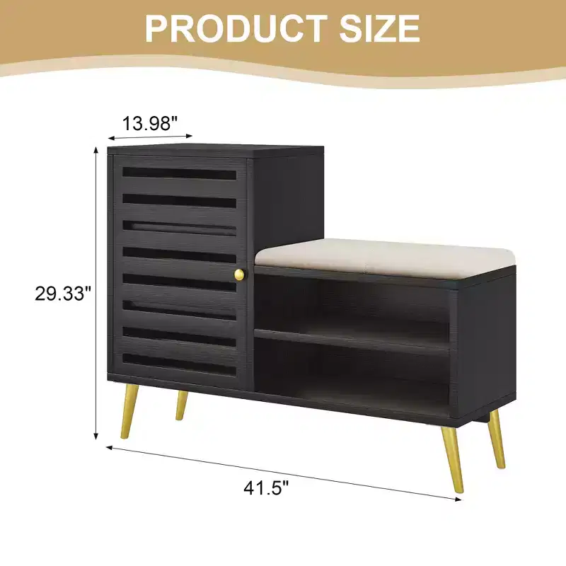 Shoe Bench with Storage and Adjustable Shelf, Entryway Bench with Removable Padded Cushion, Louvered Door, Black/White