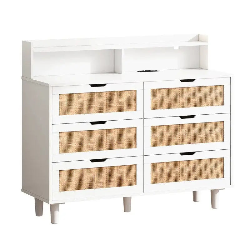 Bohemian Rattan 6-Drawer Sideboard Buffet with Adjustable LED Lights & Power Outlet
