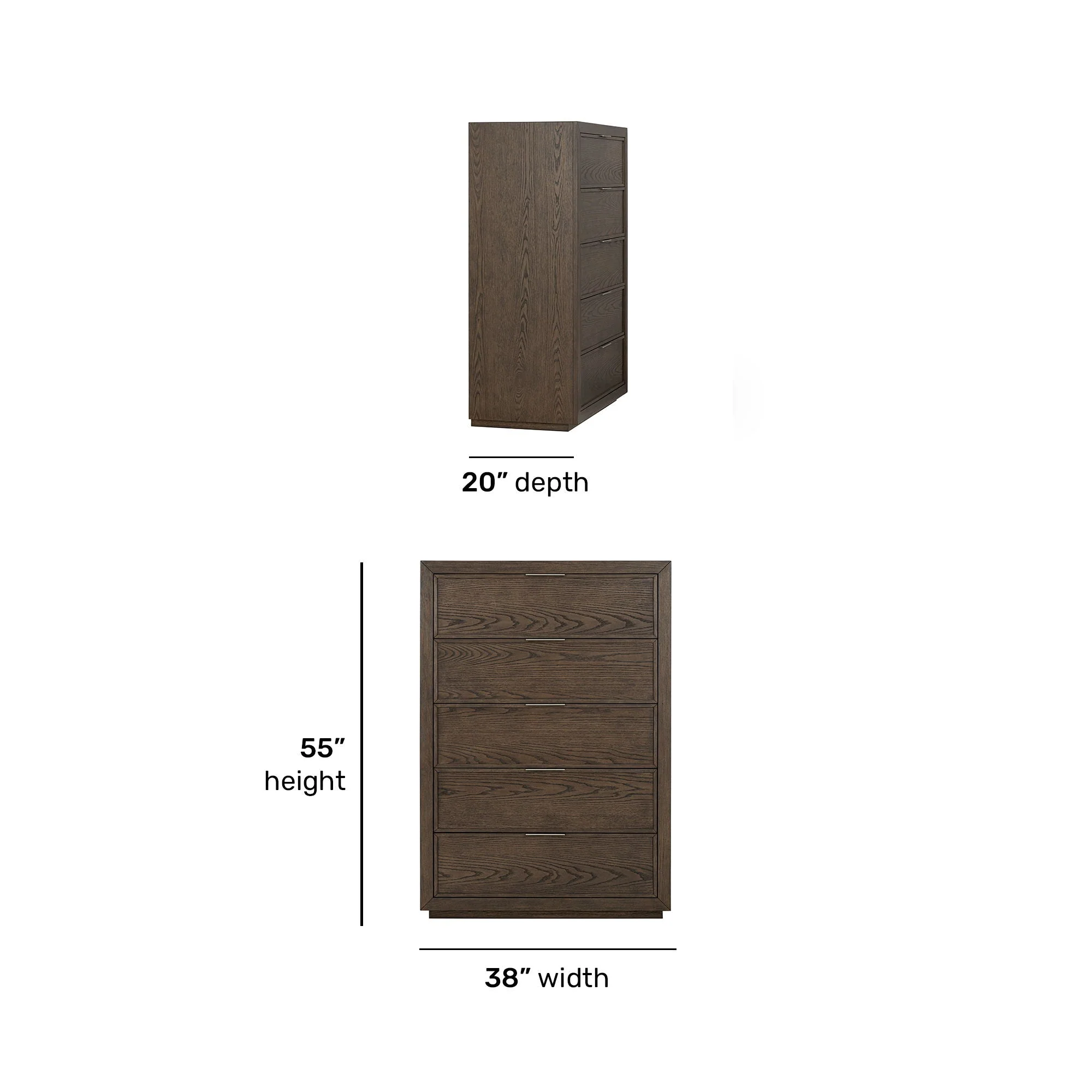 Drawer Chest - Dark Brown — custom hardware pulls in an antique bronze finish Soft close European hinges for a concealed