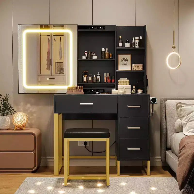 Makeup Table with Mirror & Lights, Makeup Vanity Desk, 3 Color Modes, with Power Outlet, Modern Vanity Table