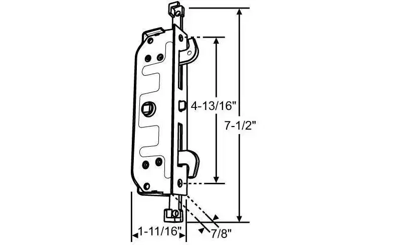 Brixwell Two-Point Mortise Lock, 7-1/2 Length, 4-13/16 Spacing, 7/8 Backset, Steel Material, Sliding Patio Door, Steel Finish