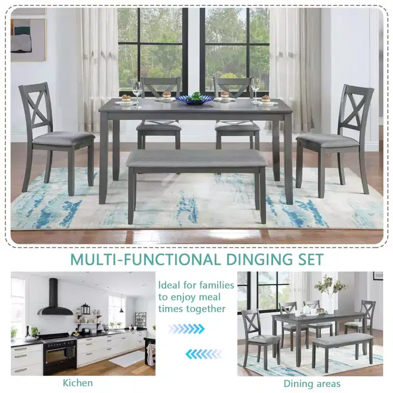 Homy Casa 6-Piece Wooden Dining Table Set with 4 Upholstered Chairs and Bench, Kitchen & Dining Room Furniture, Grey