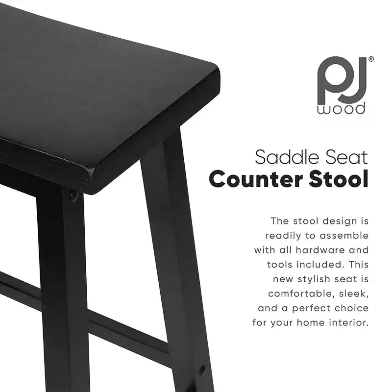 PJ Wood Classic Saddle Seat 29 Inch Tall Kitchen Counter Stools, Black (8 Pack)