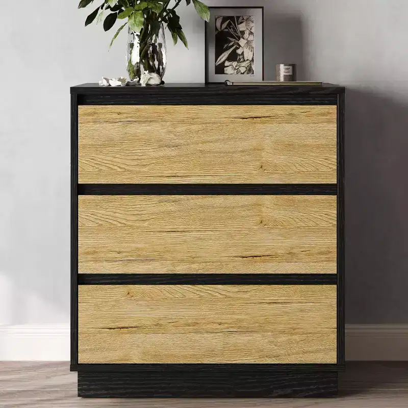 Wide Nightstand with 3 Drawers, Hidden Pull-Out Storage, Black & Wood