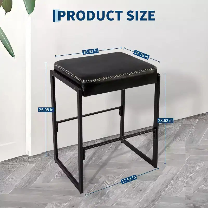 17in Saddle Bar Stool, Counter Height Chair with Waxed PU Leather Seat and Footrest for Kitchen Island Hallway Entryway Vanity Table Sofa Side, Black
