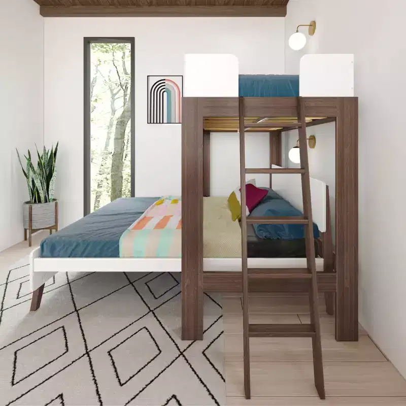 Max & Lily Mid-Century Modern Twin over Queen L-Shaped Bunk Bed, Solid Wood