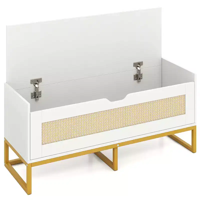 Costway 39.5 Rattan Storage Chest with Padded Seat, Flip-Top and Safety Hinges for Bedroom Gold and White/Brown
