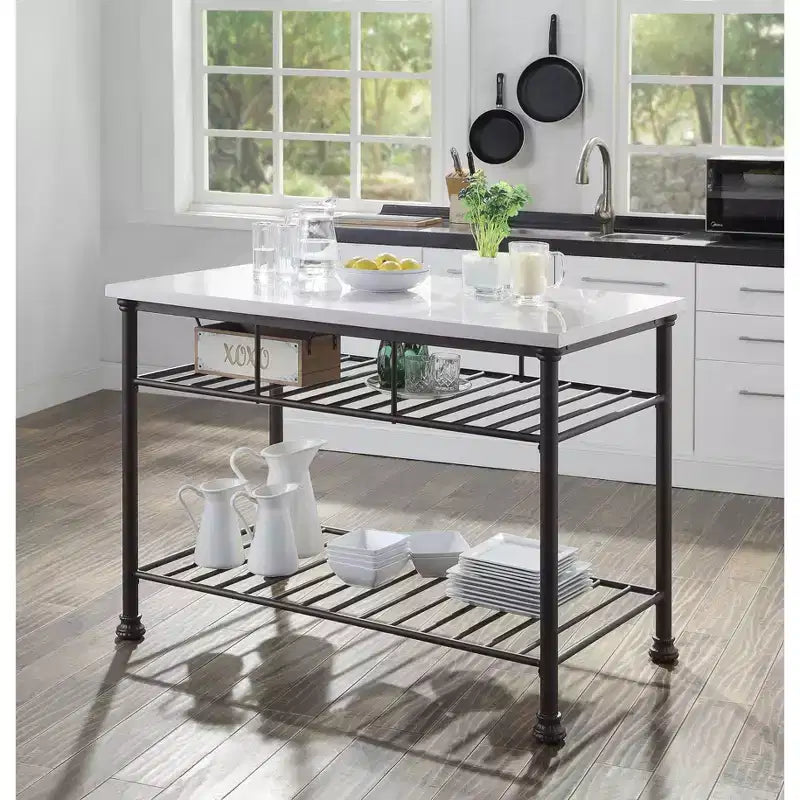 50" Freyja Kitchen Island White Cultured Stone/Gray Finish - Acme Furniture: Metal Frame, Storage Shelves