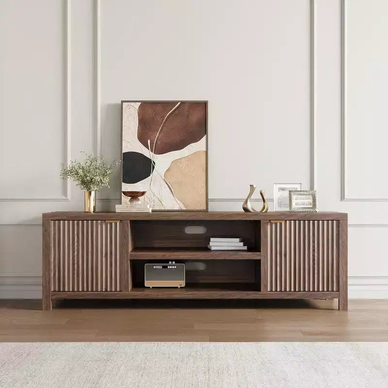 Fluted TV Stand for 80 inch, Modern Entertainment Center with Adjustable Shelves, TV & Media Cabinet 2-Tier Storage for Living Room Bedroom