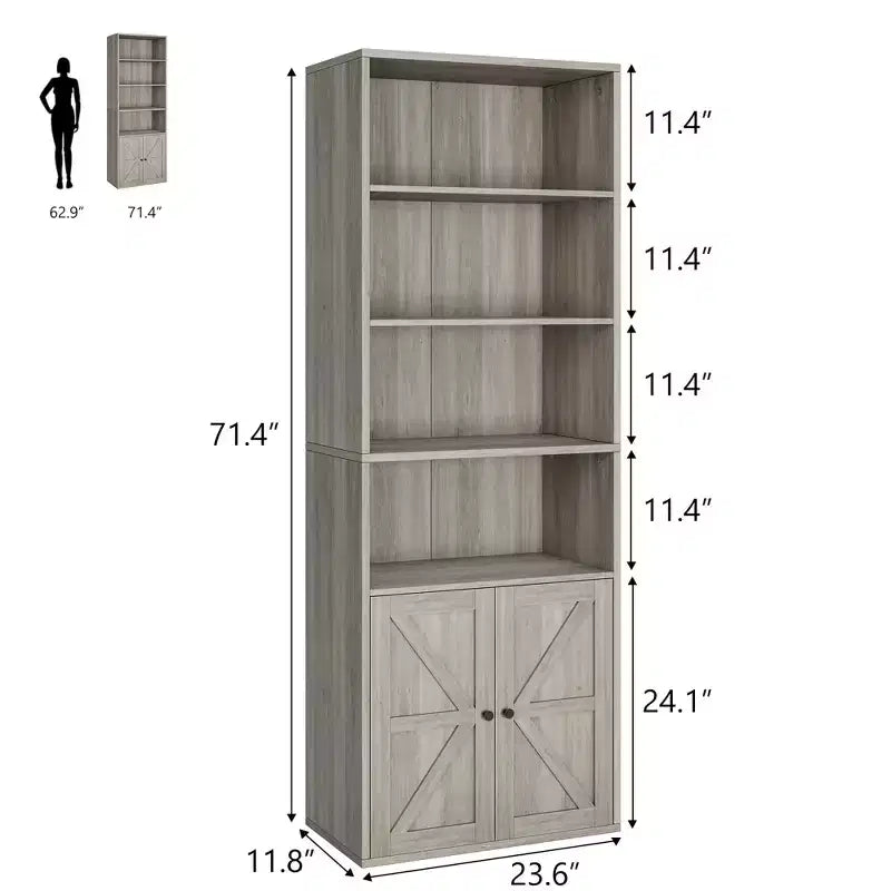 71.4 Industrial Bookcase with Doors  6-Shelf Farmhouse Bookshelf, 11.8 Deep Storage for Living Room, Bedroom & Home Office (Gray)
