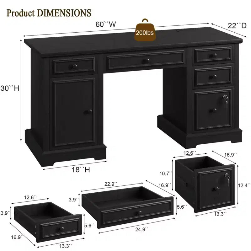 Dyonery 60 Farmhouse Computer Desk with Charging Station  Executive Writing Desk with Drawer & Storage Cabinet for Home Office, Rustic Wood