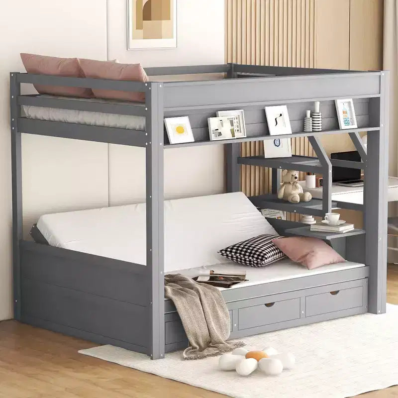 Clihome Wood Full Size Convertible Bunk Bed with Storage Staircase, Bedside Table,and 3 Drawers