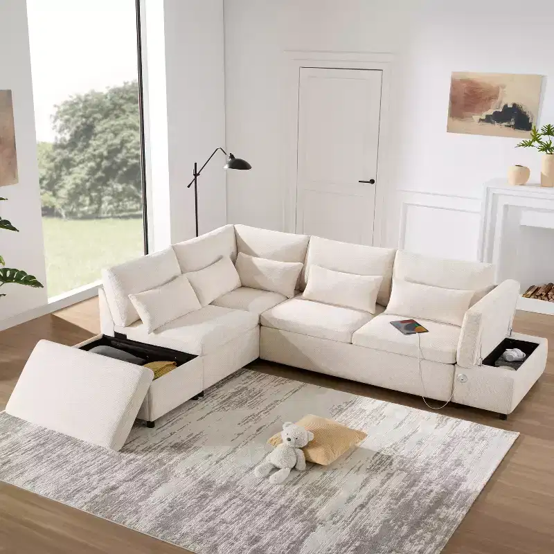 GDFStudio Nathan Modern 107 Chenille L-Shaped Pull-Out Sectional Sofa with Storage Ottoman and Adjustable Armrest Console with Charging Ports