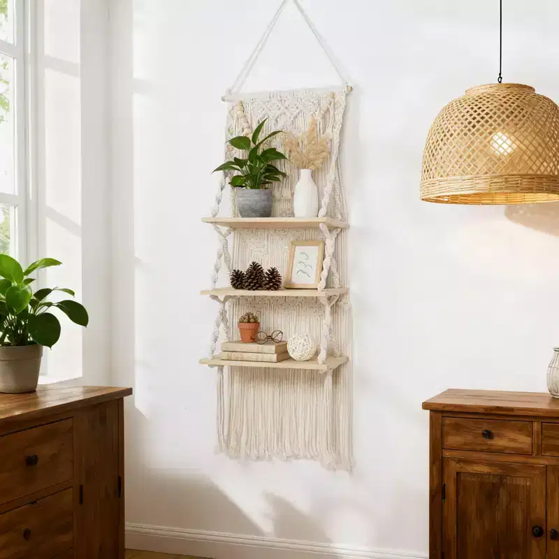 Bekrvio 3-Tier Macrame Wall Hanging Shelf - Boho Style Floating Shelf with Wooden Beads - Wall Organizer for Living Room & Bedroom Decor