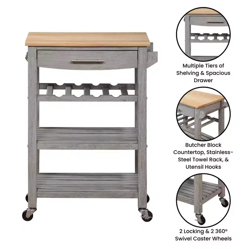 Ellaine 4 Tier Butcher Block Kitchen Cart with Drawer and Wine Rack - Breighton Home