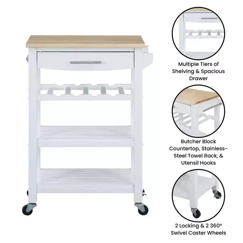 Ellaine 4 Tier Butcher Block Kitchen Cart with Drawer and Wine Rack - Breighton Home