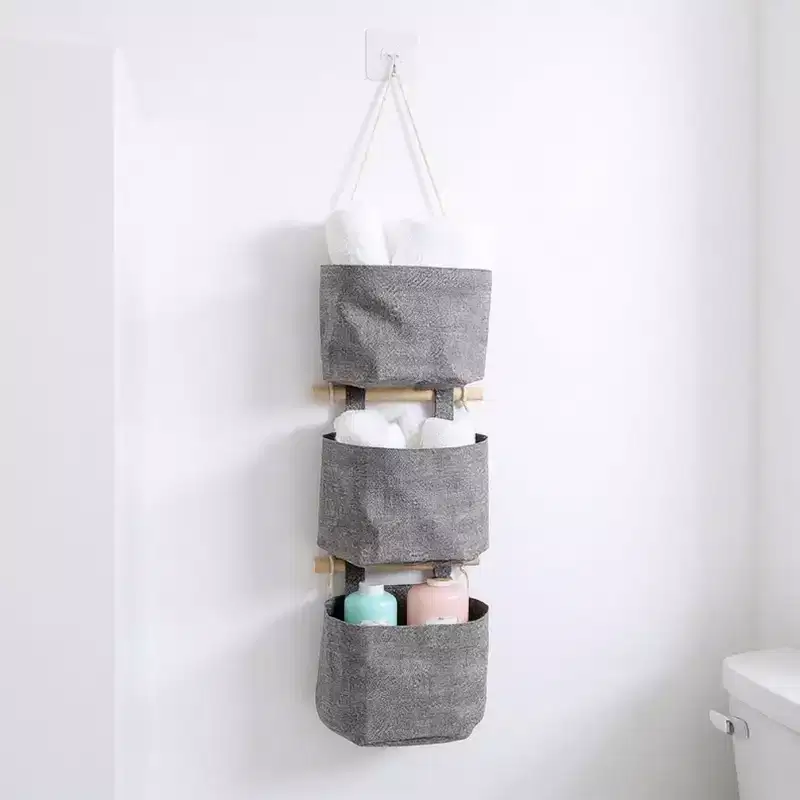 Alilang 3-Piece Hanging Wall Organizer Set with Wooden Rods and Fabric Pockets 5.5x7x3.5in- Gray