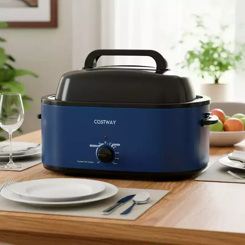 Costway 22 QT Electric Roaster Oven with Visible & Self-Basting Lid, Removable Pan & Rack Navy/Silver/White