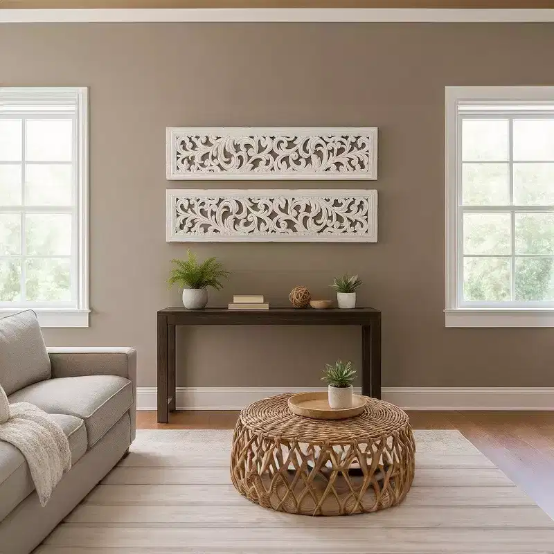 Royal Hampton Carved Wall Art Panel Set of 2, Handcrafted Distressed White Mango Wood, 50 Inch Tall