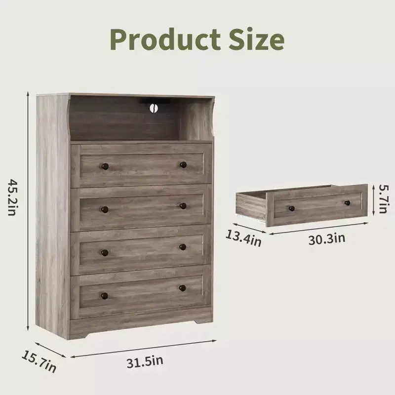 COZONY 4 Drawer Wooden Dresser with LED Lights & Charging Station, Modern Nightstand & Storage Organizer