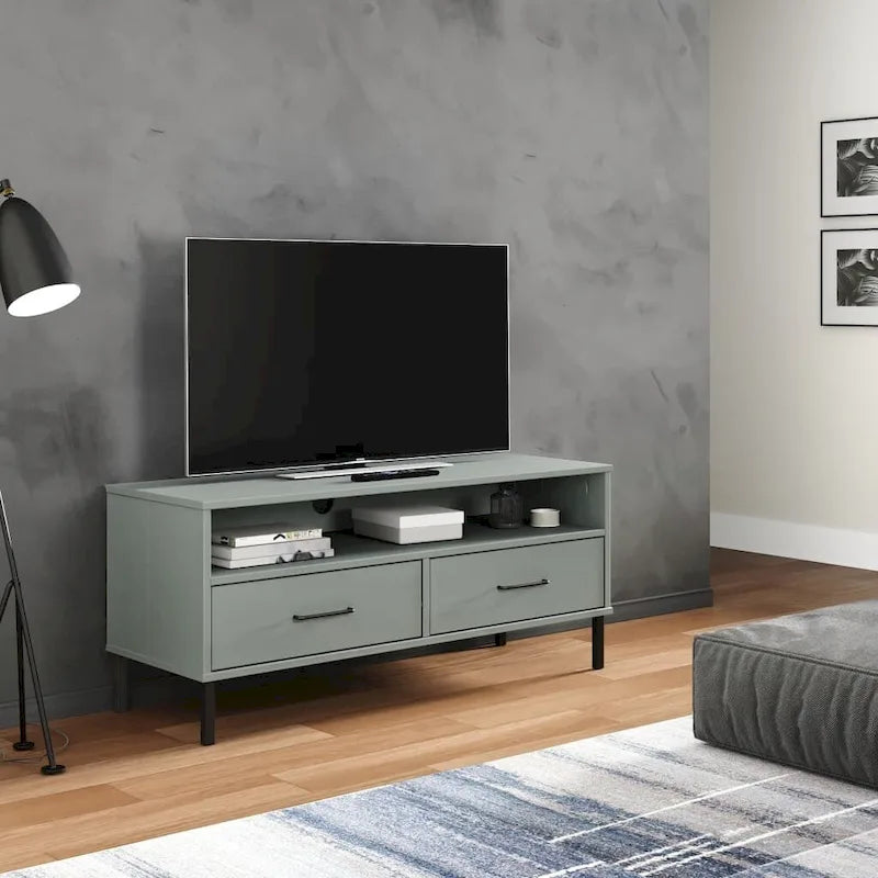 TV Stand with Metal Legs, Solid Pine Wood, 2 Drawers