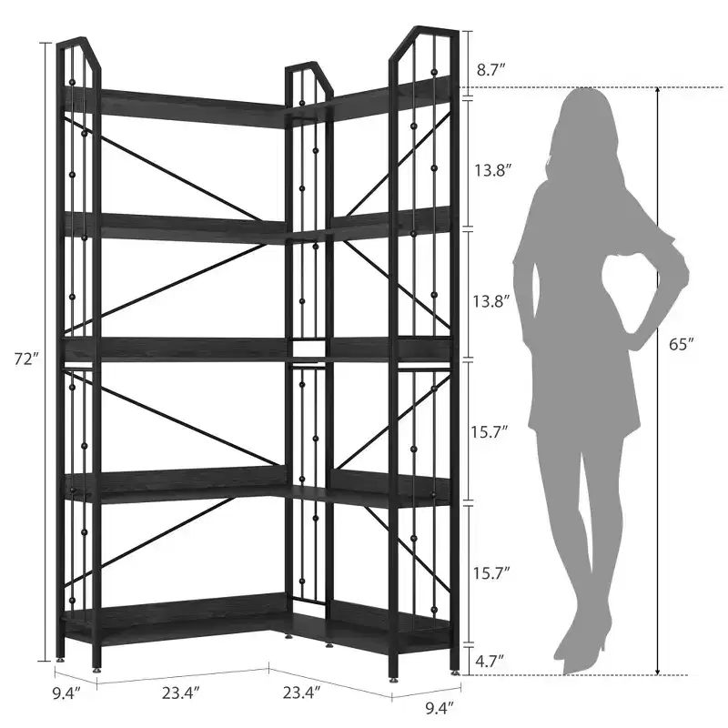 Corner Bookshelf 72 L Shaped Bookcase, Corner Bookshelves Industrial Bookcase 5 Tier L-Shape Bookshelf, Large Bookcases with Beaded Design