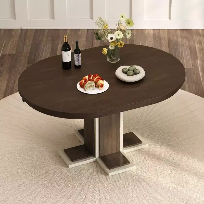 Clihome Extendable Dining Table with a 16-inch Middle Leaf, 42''-58'' Oval Dining Table for 6, Retro Solid Wood Round Dining Table with Double Layer