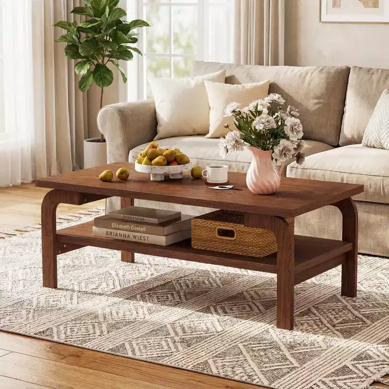 Costway 47'' Rectangular Coffee Table w/ Storage Shelf & Curved Legs for Living Room
