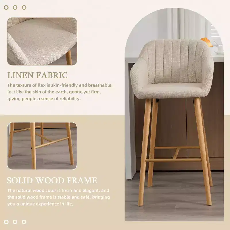 Zeus & Ruta Modern Linen Upholstery Bar Stools Set of 2 with Back, Armrest & Wood Legs, Kitchen Island Height