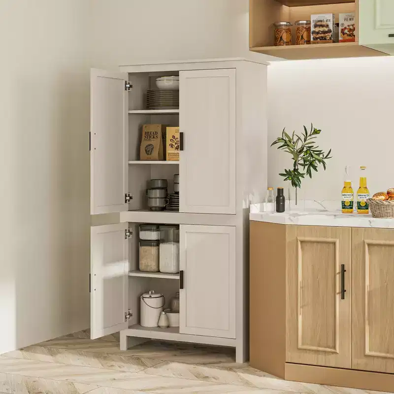64 4-Door Kitchen Pantry, Freestanding Storage Cabinet with 3 Adjustable Shelves for Kitchen, Dining or Living Room, Antique White