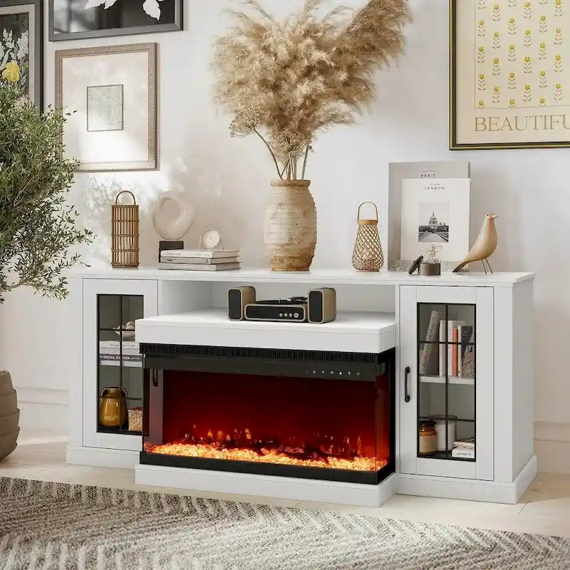 Erommy Entertainment Center with Adjustable Glass Shelves and Built-in Electric Fireplace - 70