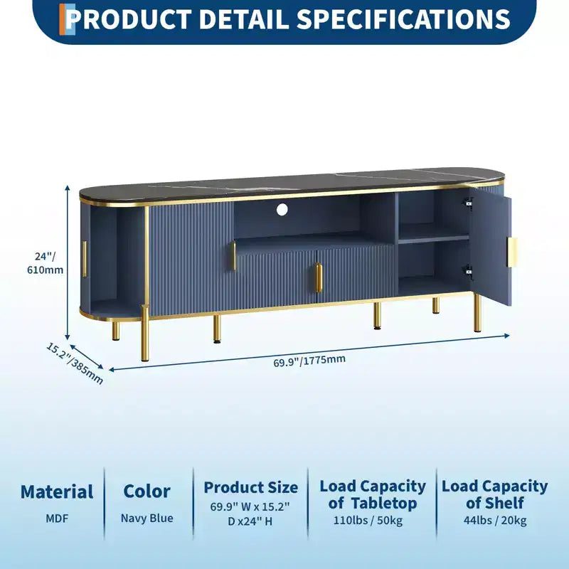 70 TV Stand with Faux Marble Top, Luxury Media Console Table with Adjustable Shelves, Curved Profile Sliding Doors