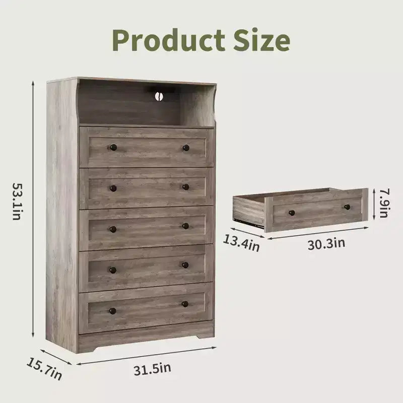 COZONY 5-Drawer Tall Dresser with Display Shelf, Modern Wood Storage Cabinet for Bedroom Closet Living Room Hallway