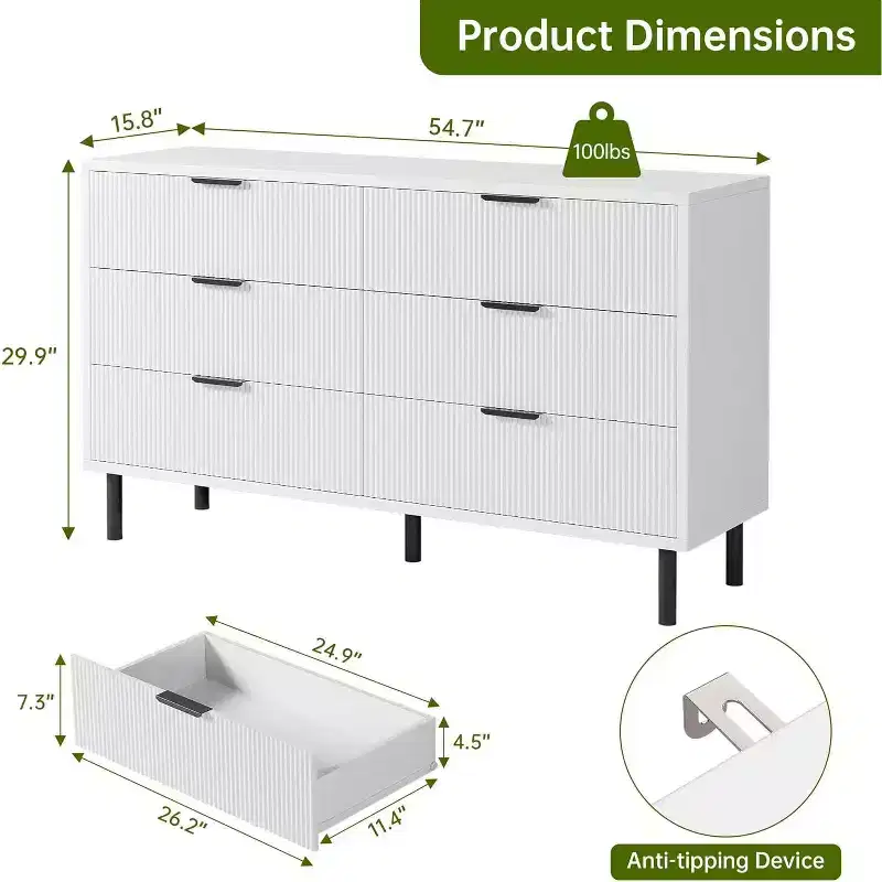 59 6 Drawer Dresser, Modern Fluted Cabinet with Metal Handles, Wooden Storage for Bedroom/Living Room