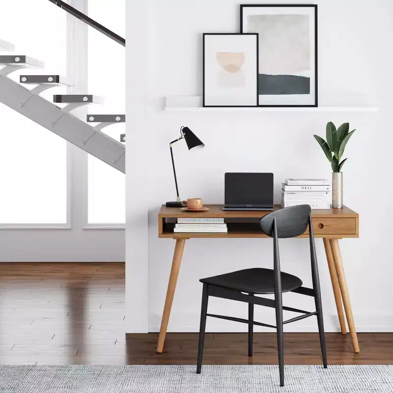 Parker Mid-Century Desk with Drawer Acacia Light Brown: MDF Top, Solid Wood Legs, Home Office Furniture